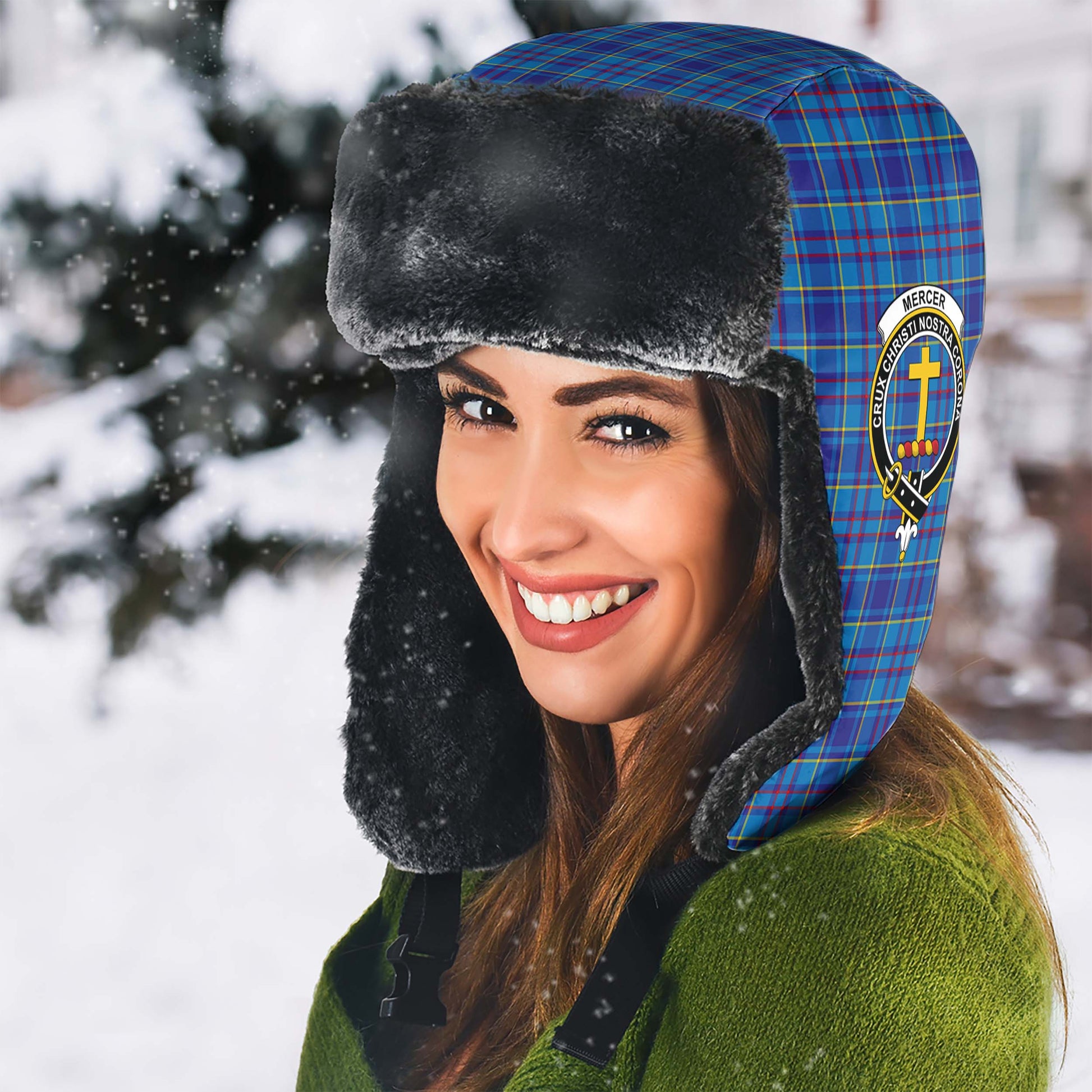 Mercer Modern Tartan Winter Trapper Hat with Family Crest - Tartanvibesclothing