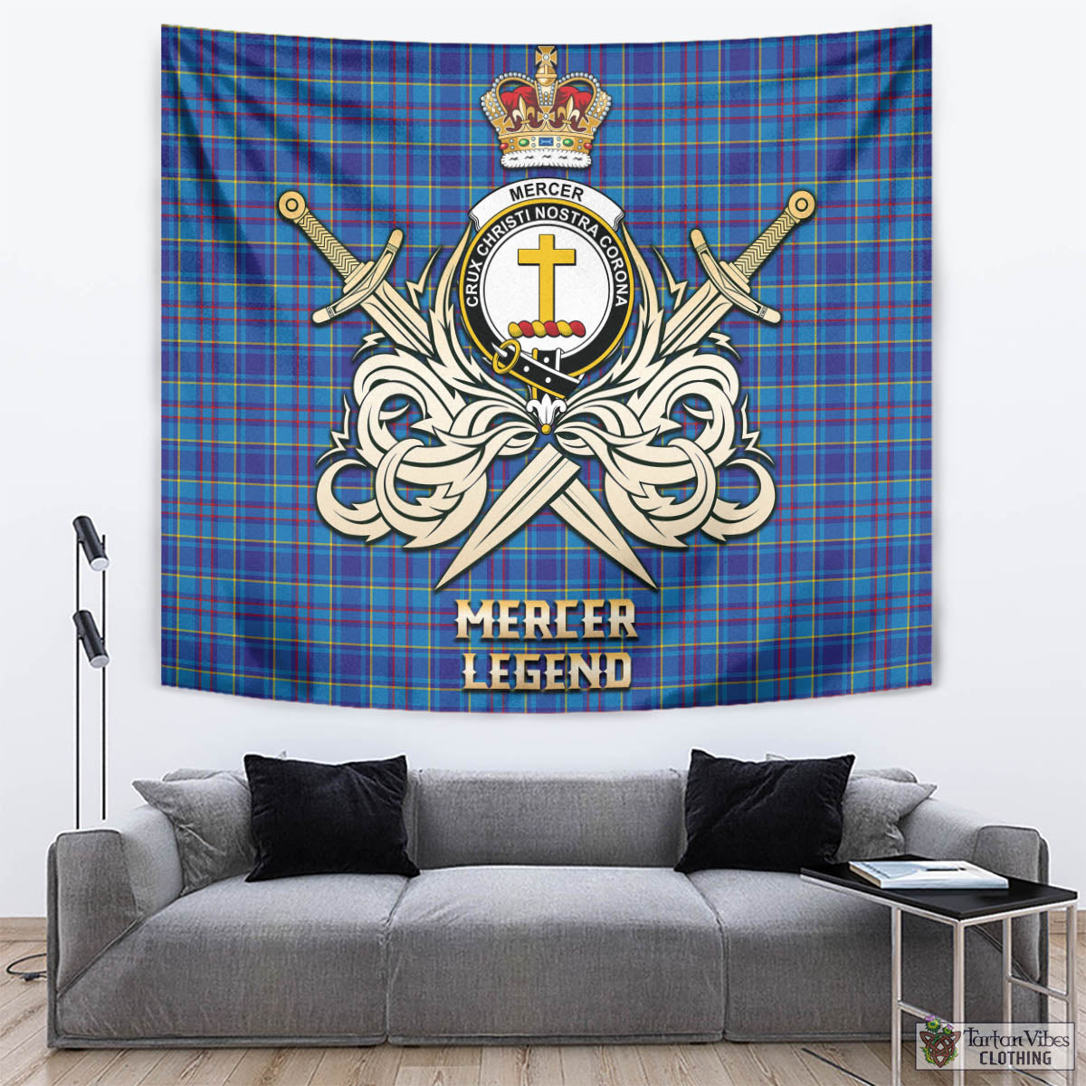 Tartan Vibes Clothing Mercer Modern Tartan Tapestry with Clan Crest and the Golden Sword of Courageous Legacy
