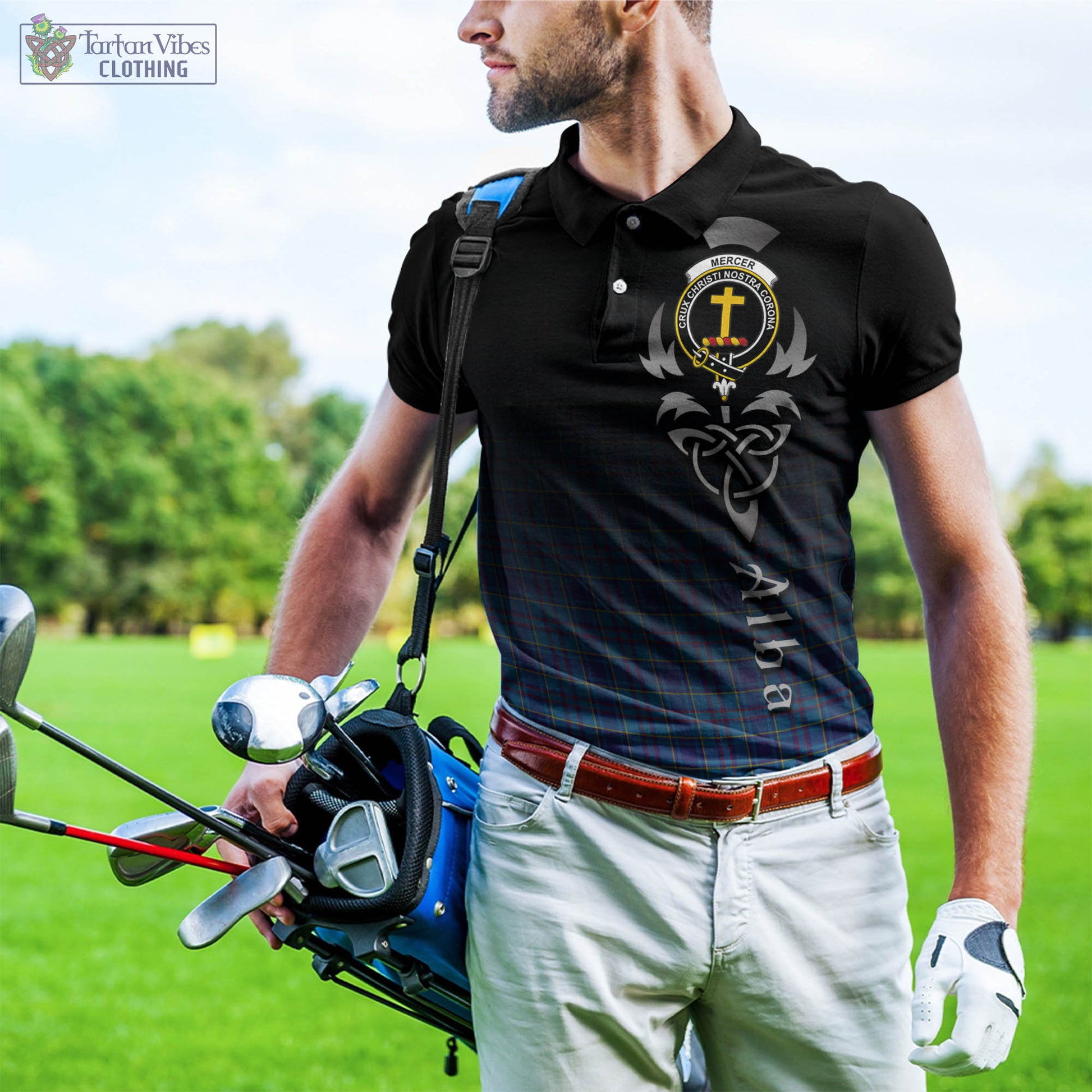 Tartan Vibes Clothing Mercer Modern Tartan Polo Shirt Featuring Alba Gu Brath Family Crest Celtic Inspired