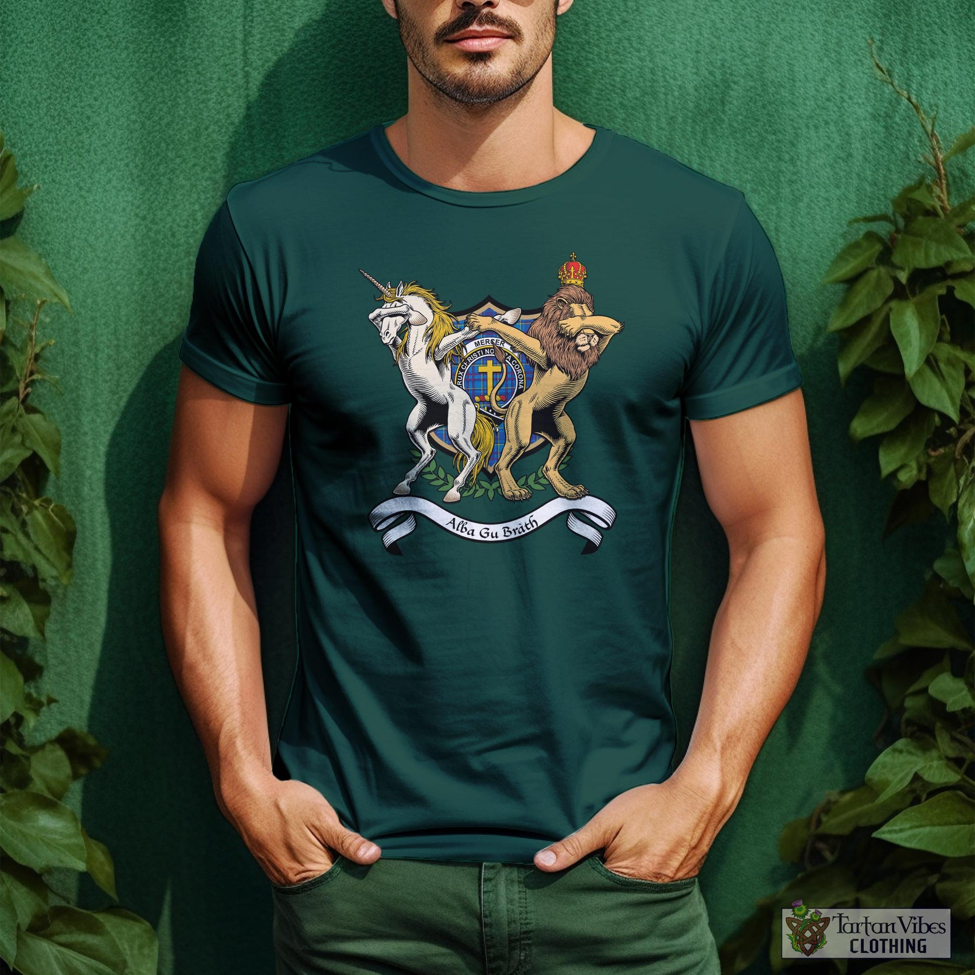 Tartan Vibes Clothing Mercer Modern Family Crest Cotton Men's T-Shirt with Scotland Royal Coat Of Arm Funny Style