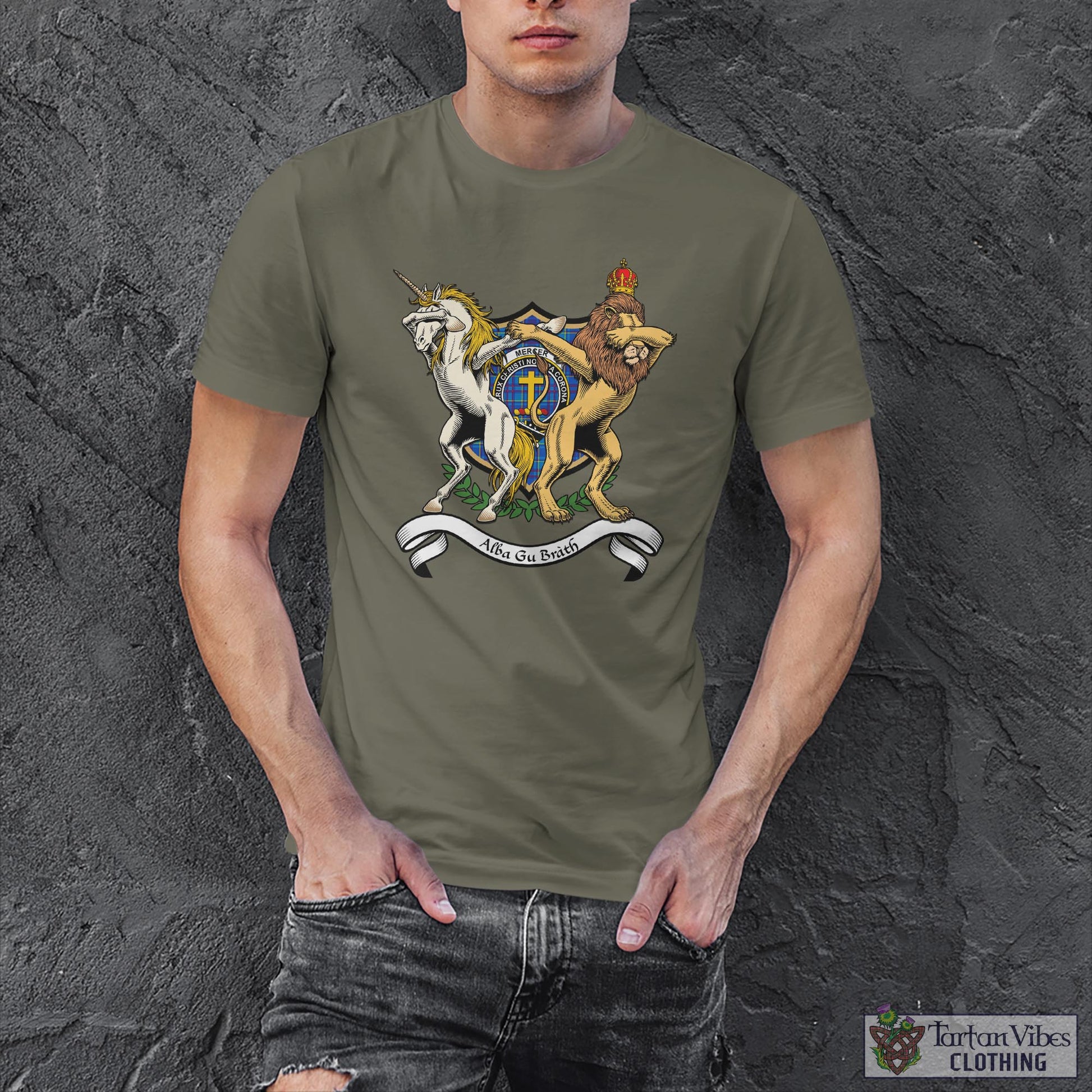 Tartan Vibes Clothing Mercer Modern Family Crest Cotton Men's T-Shirt with Scotland Royal Coat Of Arm Funny Style