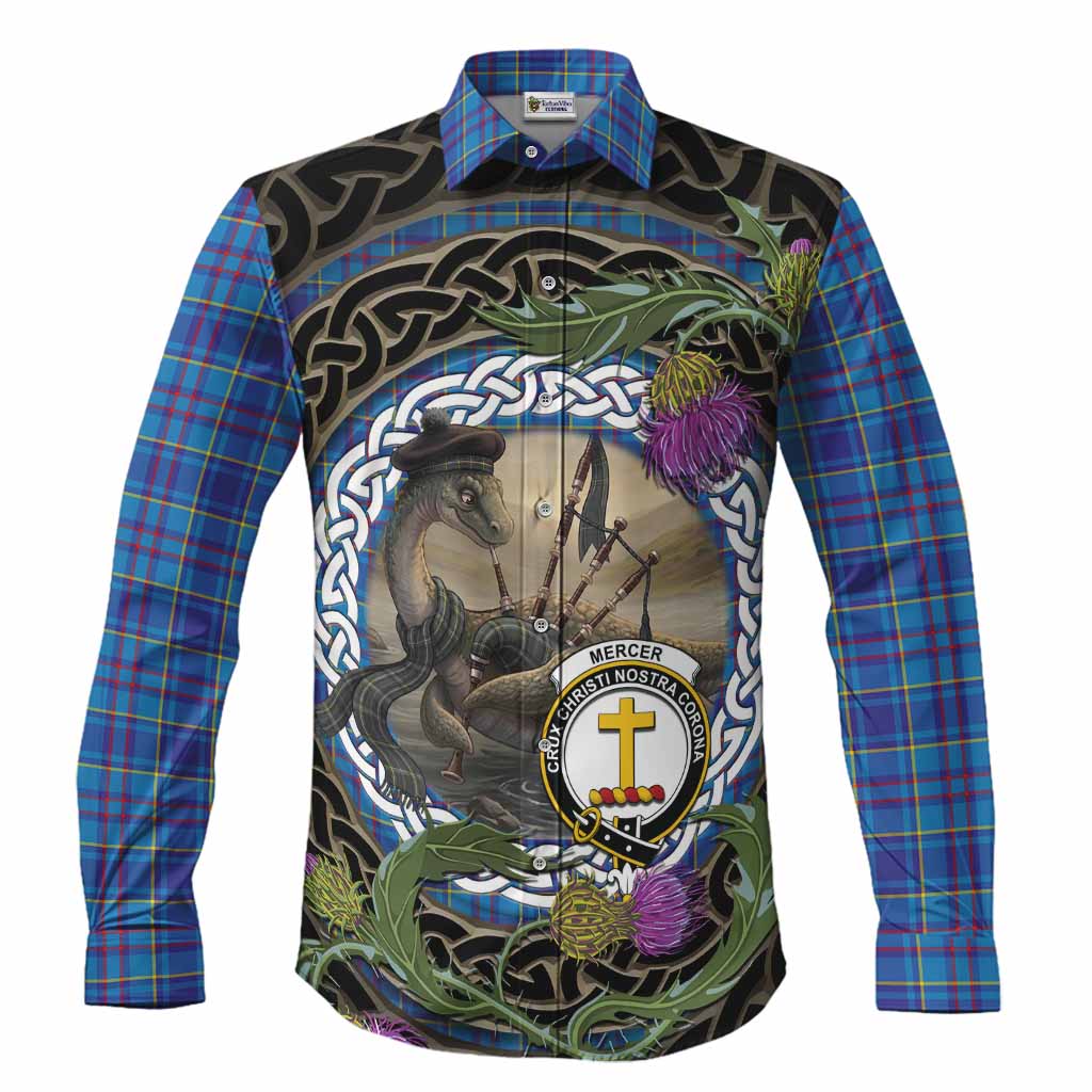 Mercer Tartan Crest Bagpipe Nessie Long Sleeve Button Shirts Scottish Loch Ness Monster Celtic Thistle