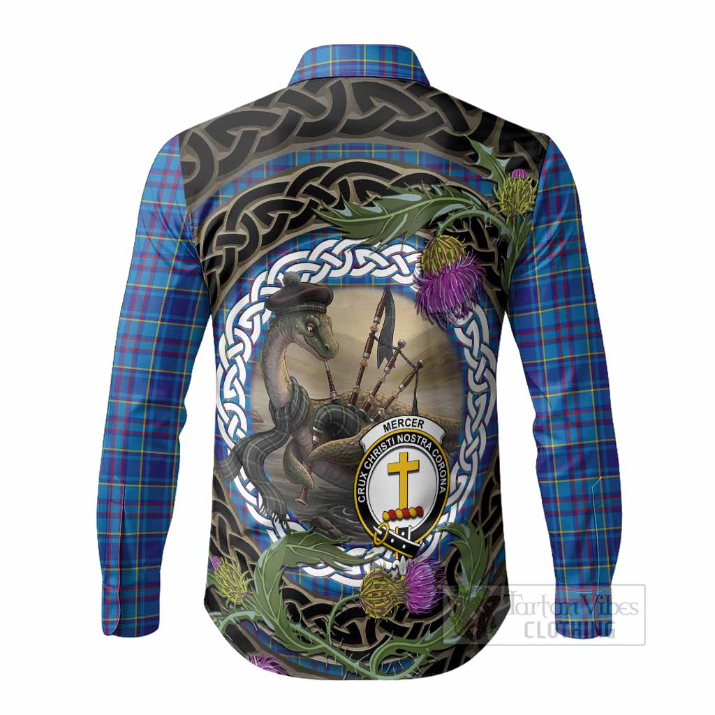 Mercer Tartan Crest Bagpipe Nessie Long Sleeve Button Shirts Scottish Loch Ness Monster Celtic Thistle