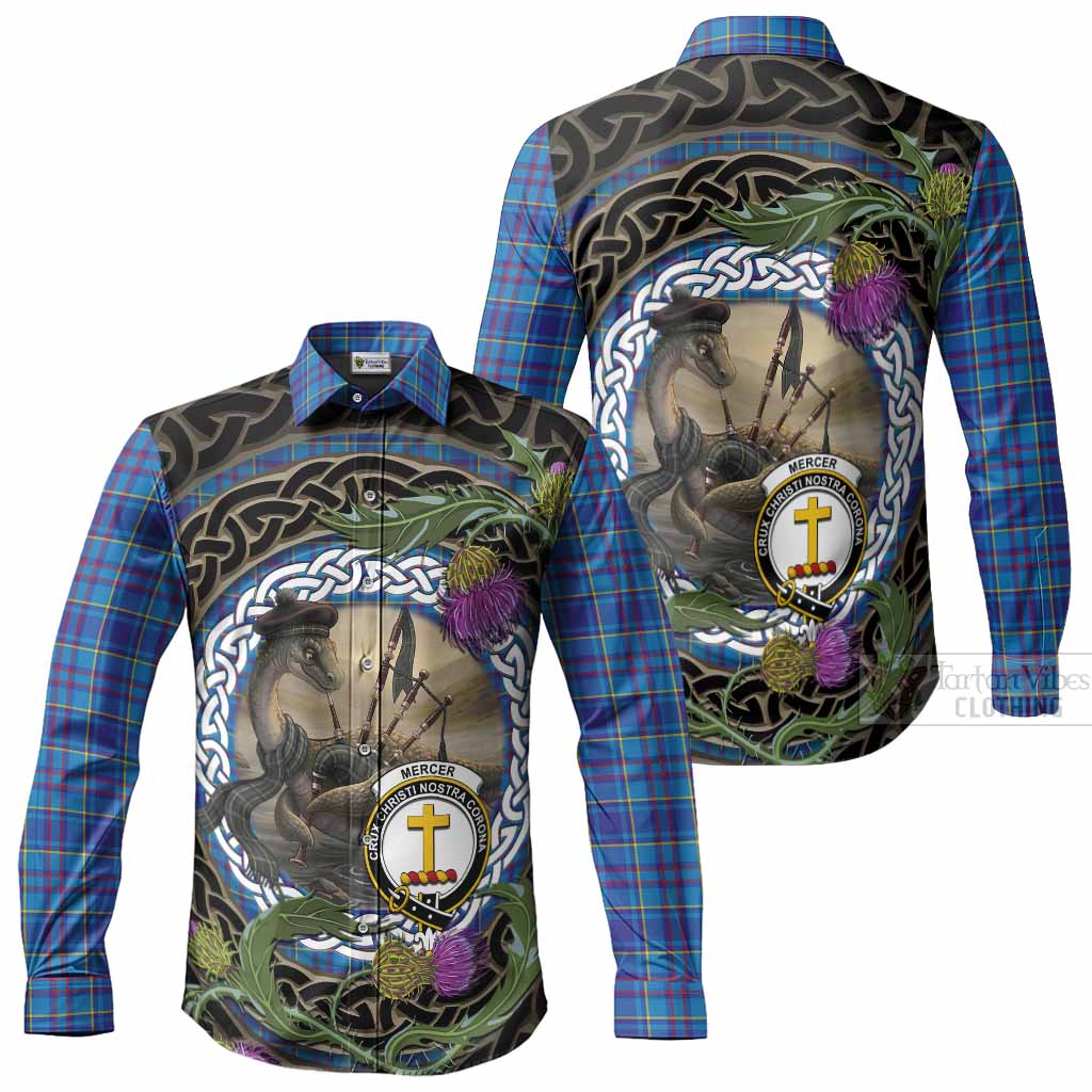 Mercer Tartan Crest Bagpipe Nessie Long Sleeve Button Shirts Scottish Loch Ness Monster Celtic Thistle
