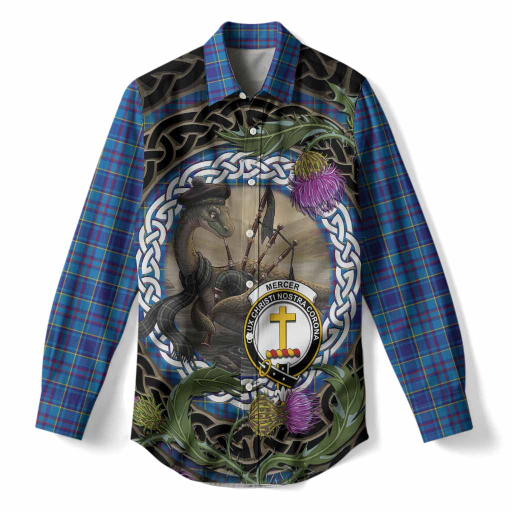 Mercer Tartan Crest Bagpipe Nessie Women Casual Shirt Scottish Loch Ness Monster Celtic Thistle