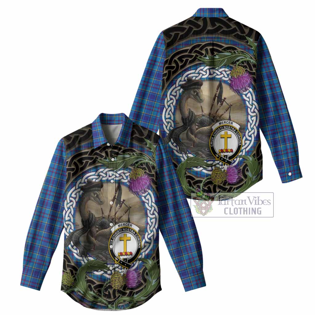Mercer Tartan Crest Bagpipe Nessie Women Casual Shirt Scottish Loch Ness Monster Celtic Thistle