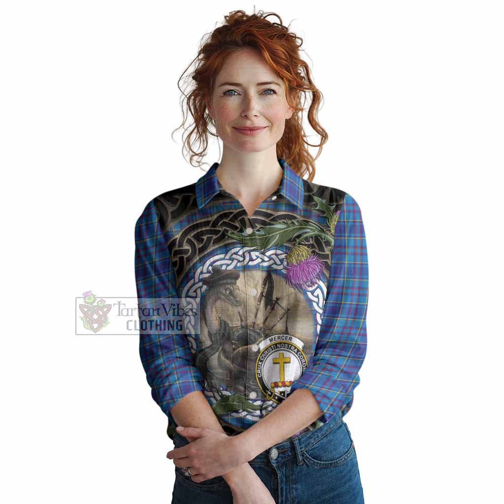 Mercer Tartan Crest Bagpipe Nessie Women Casual Shirt Scottish Loch Ness Monster Celtic Thistle
