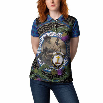 Mercer Tartan Crest Bagpipe Nessie Women Polo Shirt Scottish Loch Ness Monster Celtic Thistle