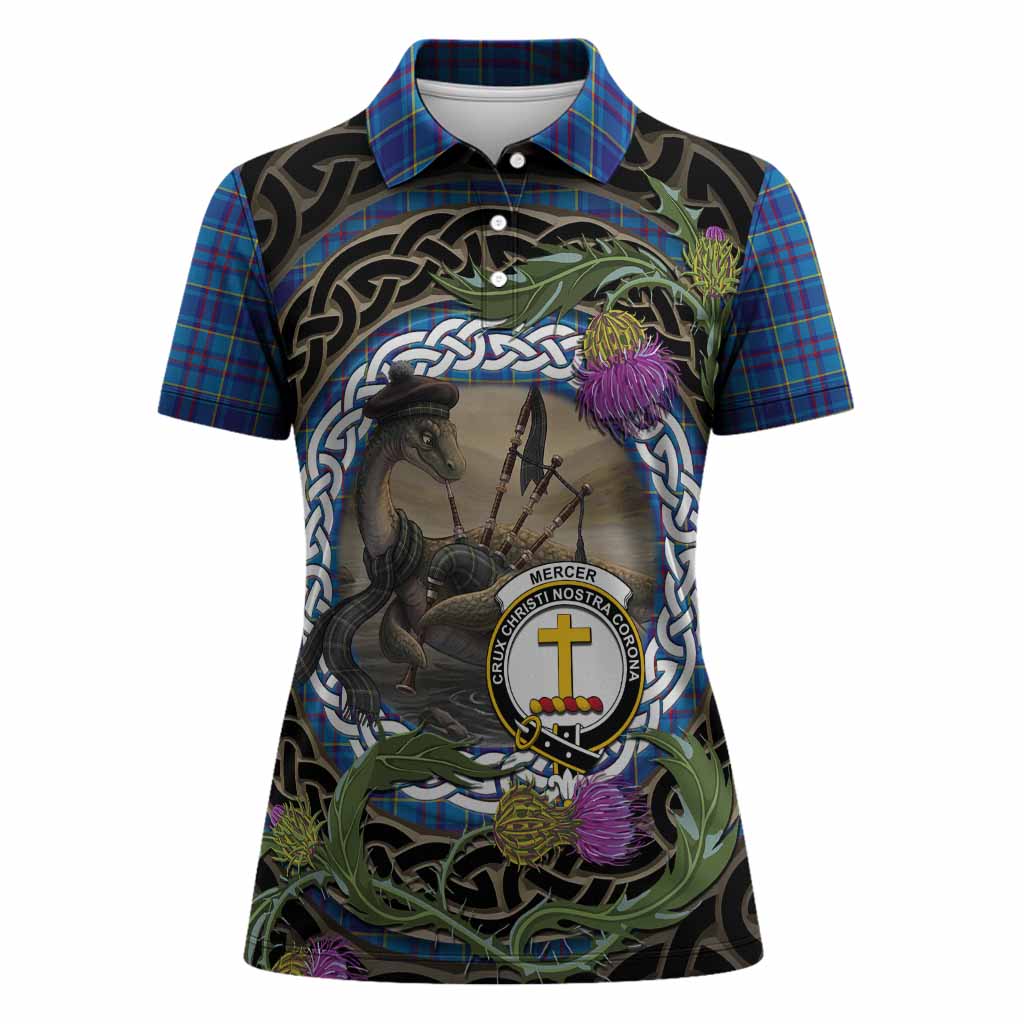 Mercer Tartan Crest Bagpipe Nessie Women Polo Shirt Scottish Loch Ness Monster Celtic Thistle