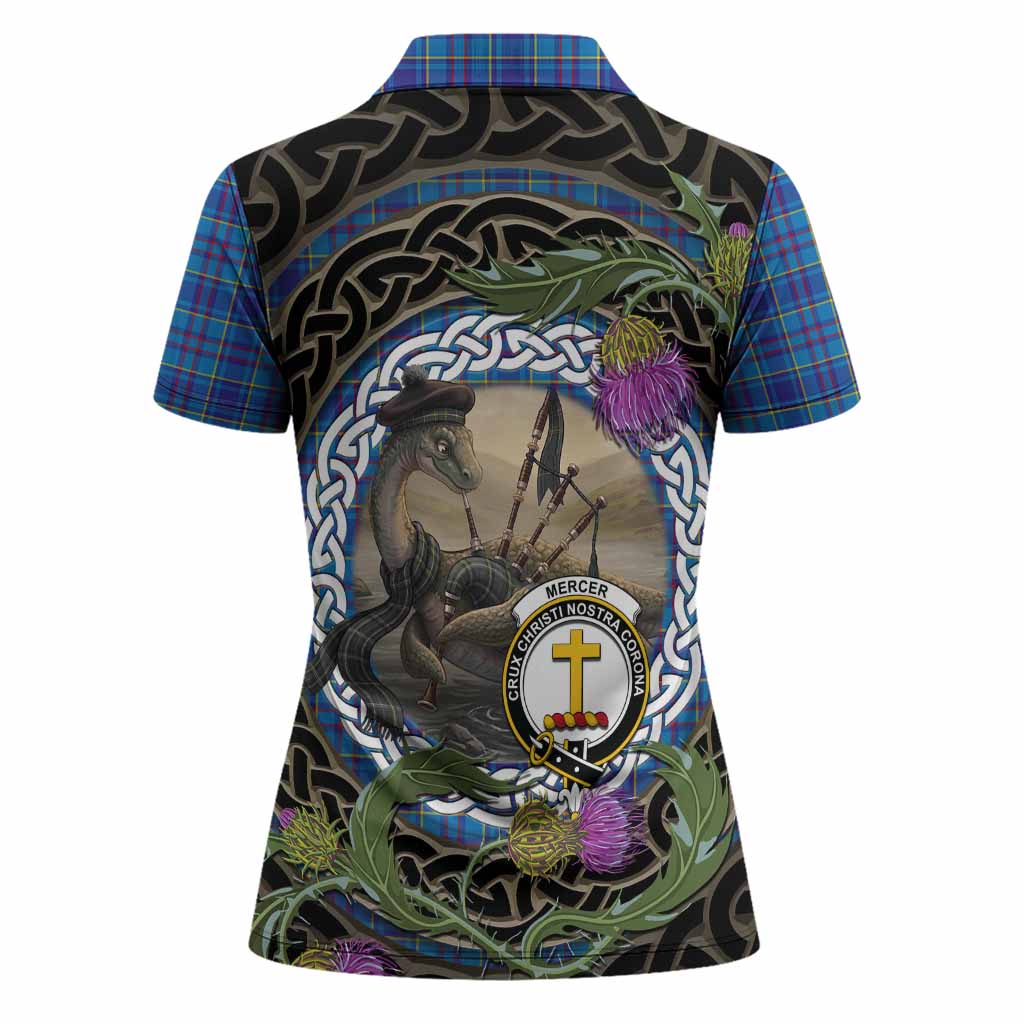 Mercer Tartan Crest Bagpipe Nessie Women Polo Shirt Scottish Loch Ness Monster Celtic Thistle