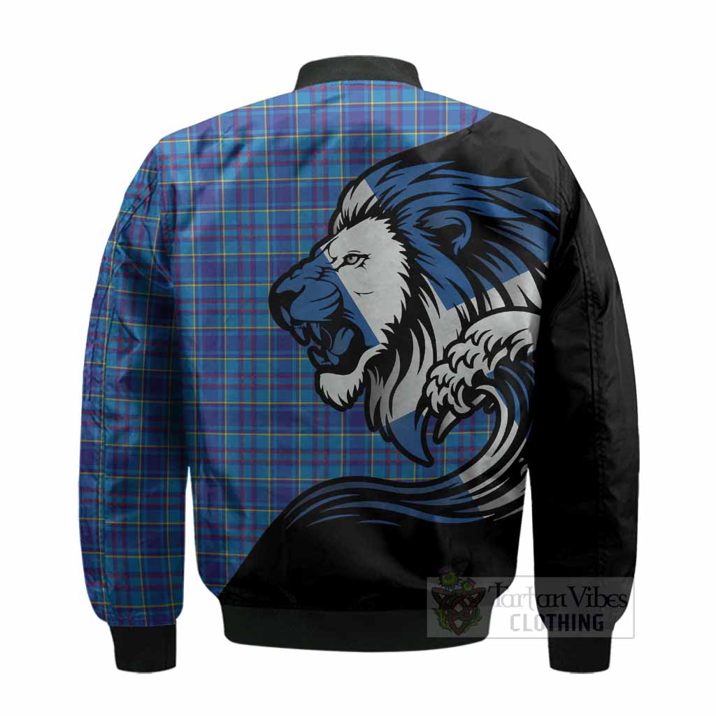 Mercer Tartan Crest Bomber Jacket Scottish Golden Lions Wave Flow