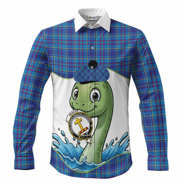 Mercer Tartan Crest Cute Nessie Long Sleeve Button Shirts Scottish Loch Ness Monster