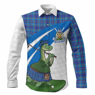 Mercer Tartan Crest Golf Nessie Long Sleeve Button Shirts Loch Ness Monster Sporty Style