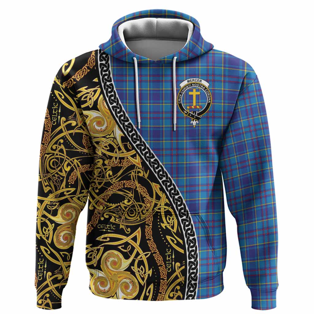 Mercer Tartan Crest Hoodie Celtic Knot and Triple Trickle Spiral Symbols
