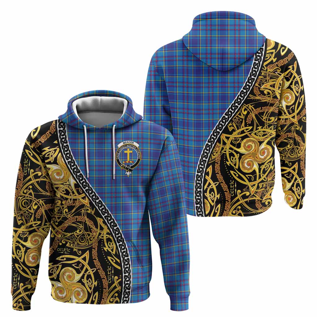 Mercer Tartan Crest Hoodie Celtic Knot and Triple Trickle Spiral Symbols