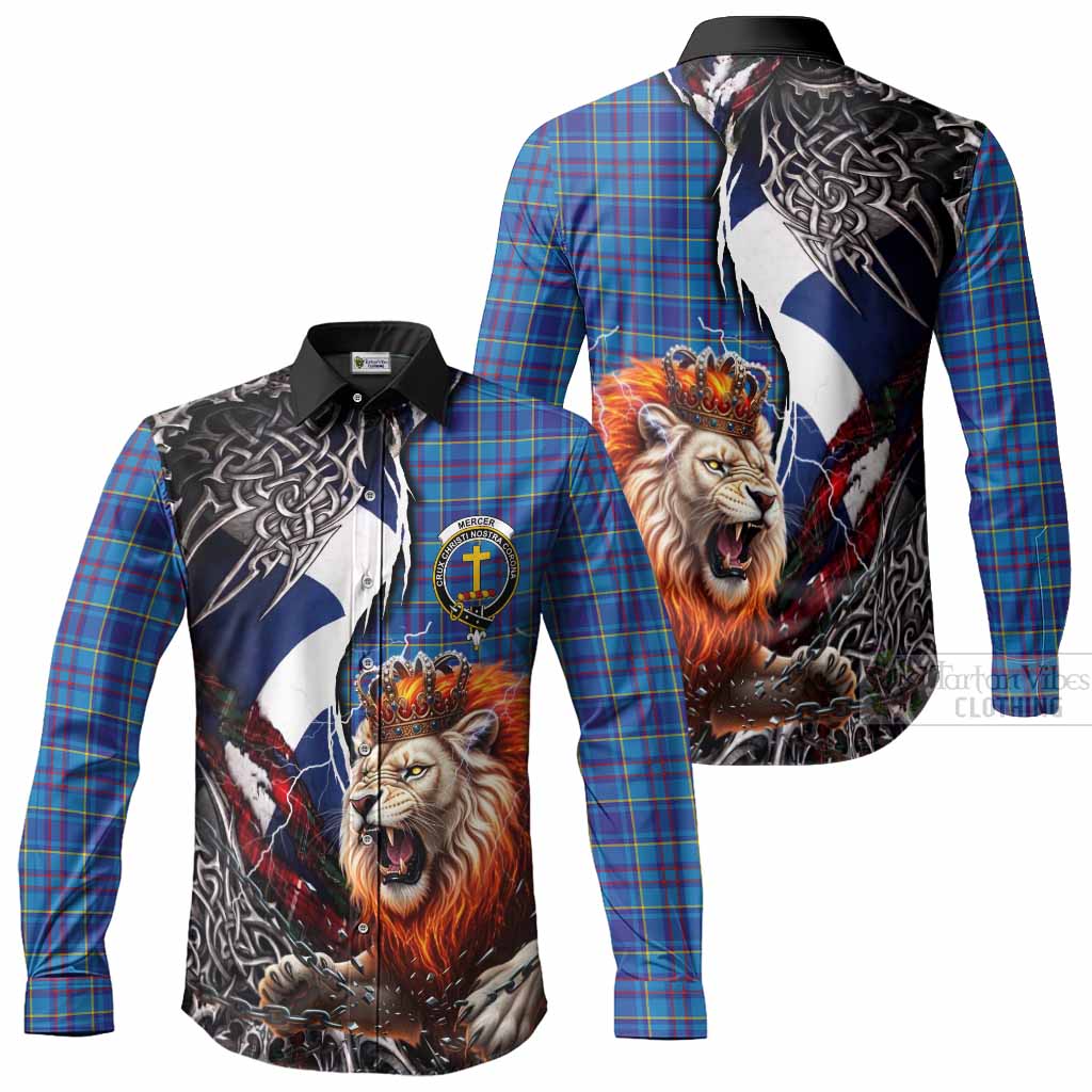 Mercer Tartan Crest Long Sleeve Button Shirts Heritage Flag Grunge Celtic Knot and Lion Rampant