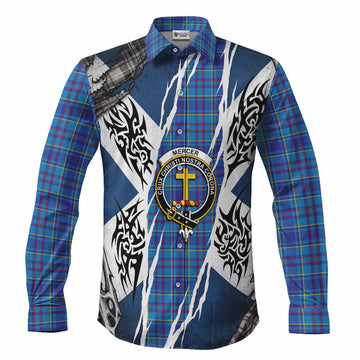 Mercer Tartan Crest Long Sleeve Button Shirts Scotland Flag Ripped Tribal Design