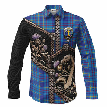 Mercer Tartan Crest Long Sleeve Button Shirts Scottish Thistle Loch Ness Monster