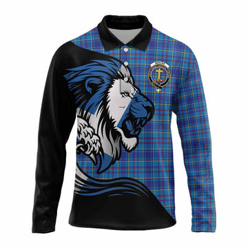 Mercer Tartan Crest Long Sleeve Polo Shirt Scottish Golden Lions Wave Flow