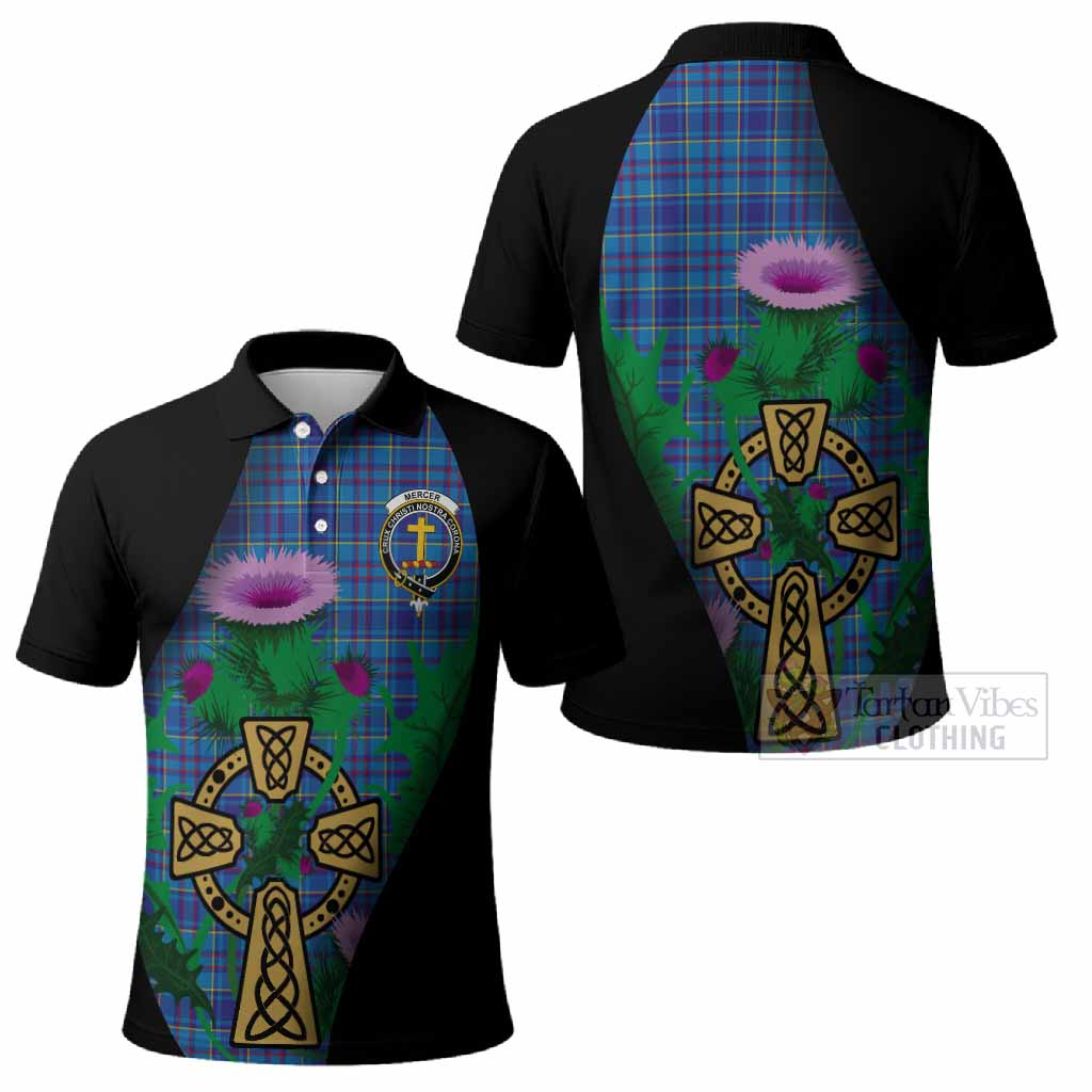 Mercer Tartan Crest Polo Shirt Celtic Cross Thistle Flowers