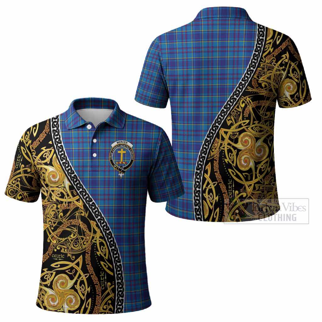Mercer Tartan Crest Polo Shirt Celtic Knot and Triple Trickle Spiral Symbols