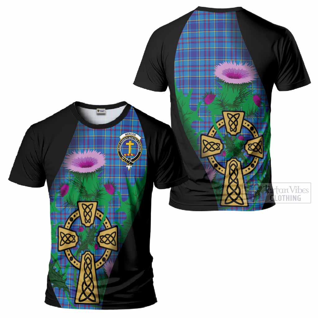 Mercer Tartan Crest T-Shirt Celtic Cross Thistle Flowers