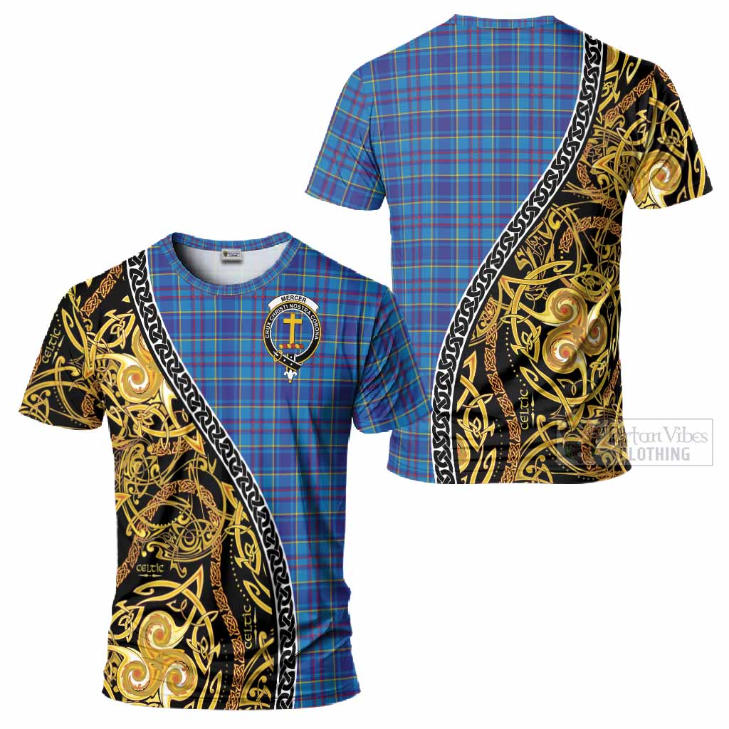 Mercer Tartan Crest T-Shirt Celtic Knot and Triple Trickle Spiral Symbols
