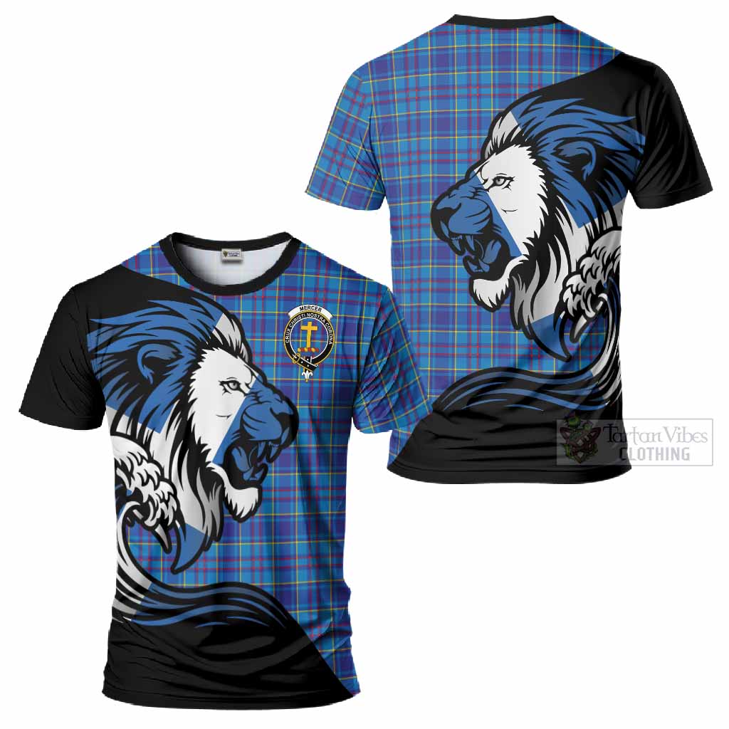 Mercer Tartan Crest T-Shirt Scottish Golden Lions Wave Flow