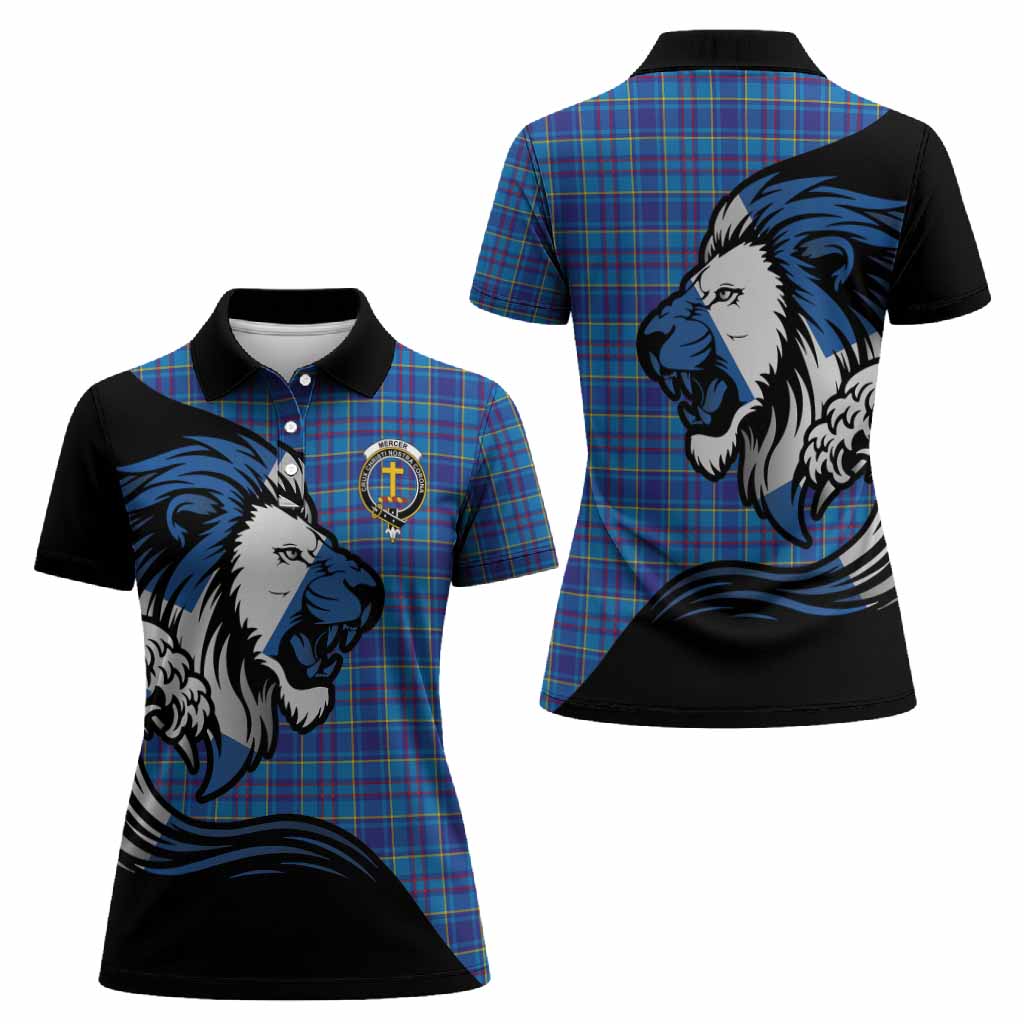 Mercer Tartan Crest Women Polo Shirt Scottish Golden Lions Wave Flow