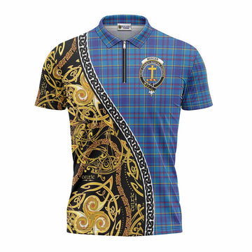 Mercer Tartan Crest Zipper Polo Shirt Celtic Knot and Triple Trickle Spiral Symbols