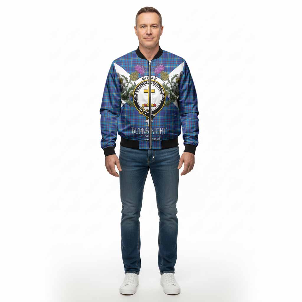 Mercer Tartan Family Crest Bomber Jacket Scottish Burns Night Thistle Floral