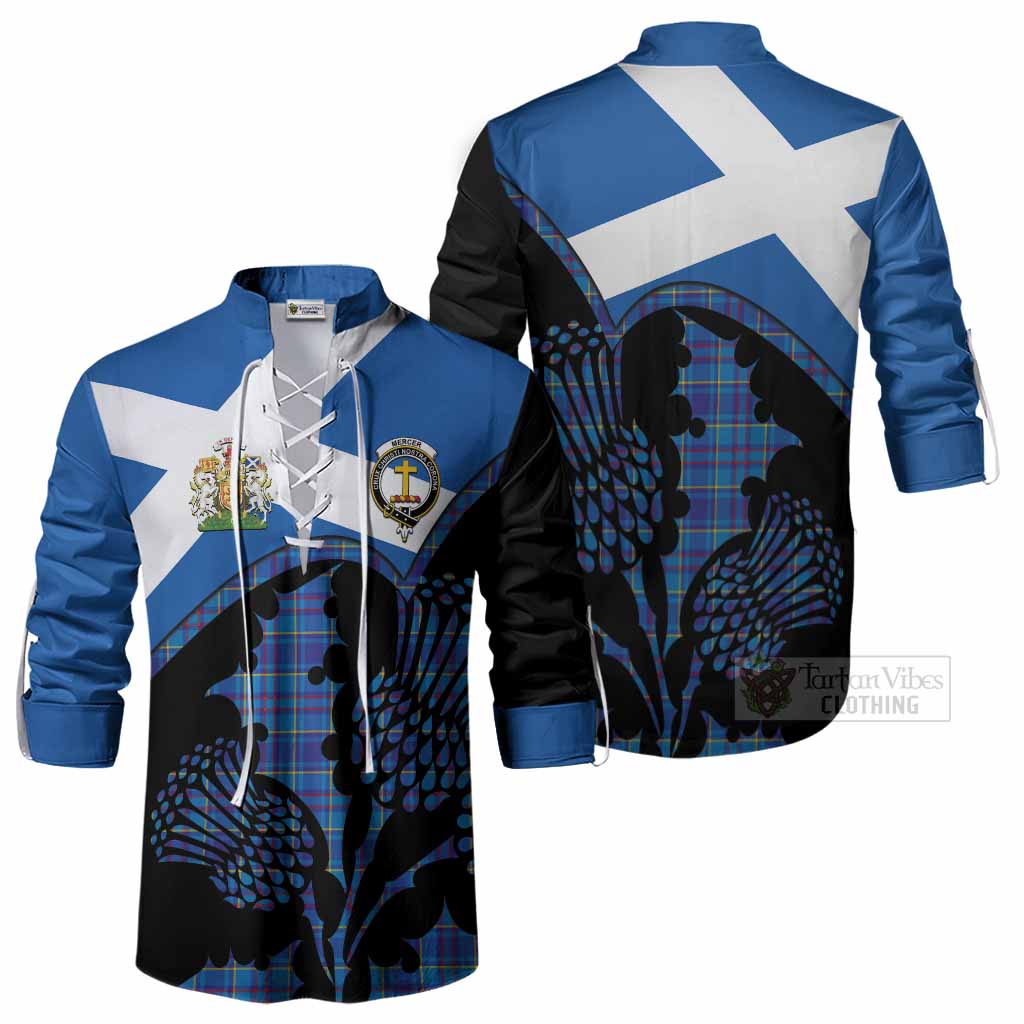 Mercer Tartan Family Crest Ghillie Shirt Scotland Thistle Floral Flag Style
