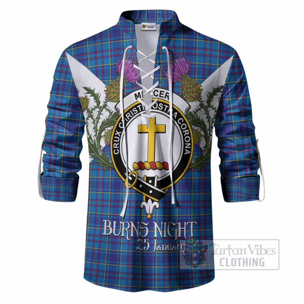 Mercer Tartan Family Crest Ghillie Shirt Scottish Burns Night Thistle Floral