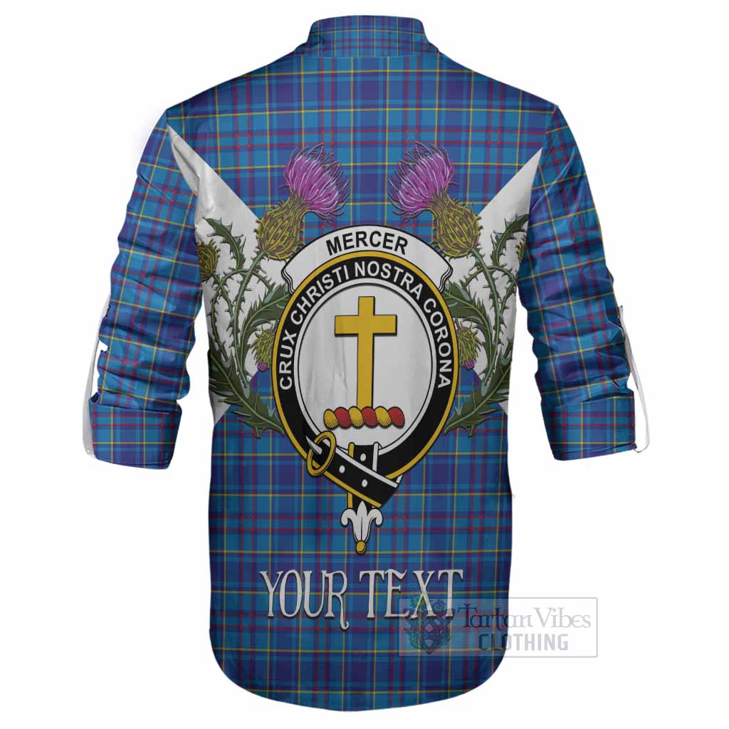 Mercer Tartan Family Crest Ghillie Shirt Scottish Burns Night Thistle Floral
