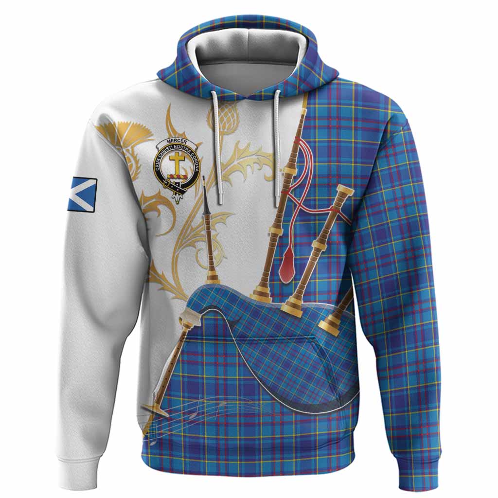 Mercer Tartan Family Crest Hoodie Bagpipes with Scottish Thistle