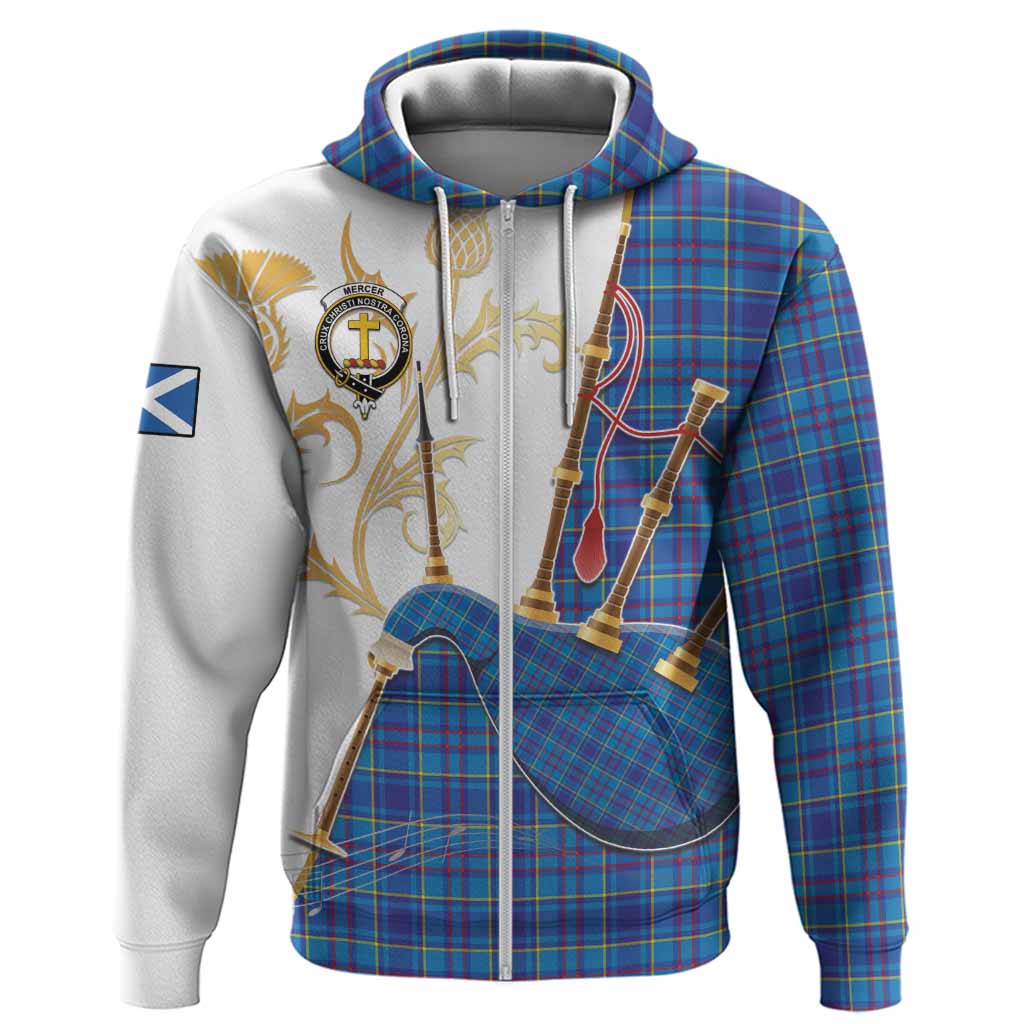 Mercer Tartan Family Crest Hoodie Bagpipes with Scottish Thistle
