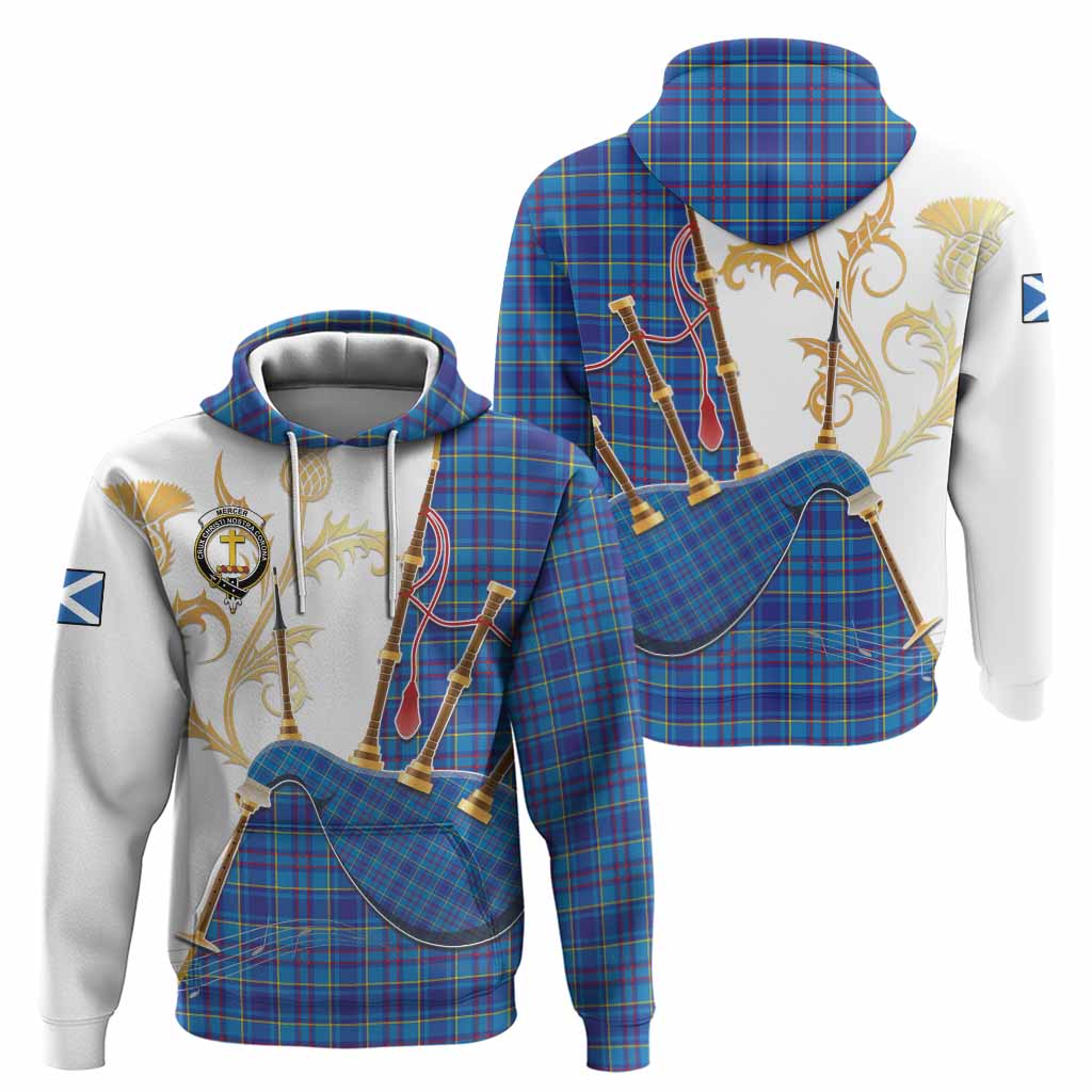 Mercer Tartan Family Crest Hoodie Bagpipes with Scottish Thistle