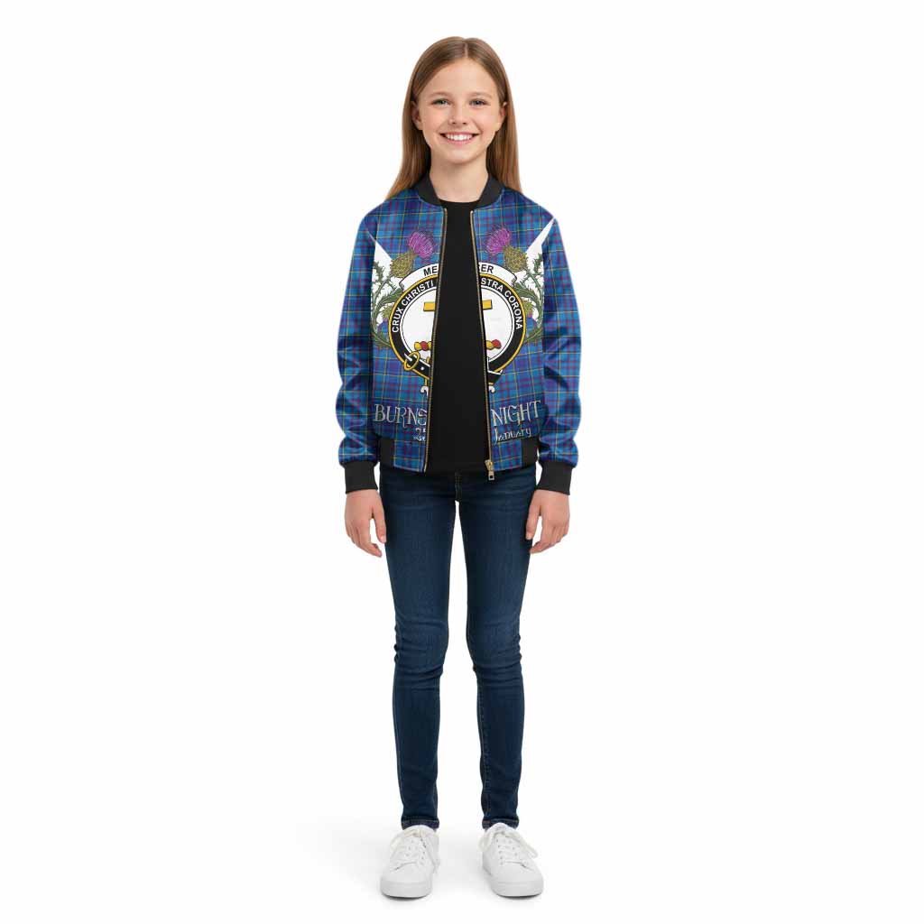 Mercer Tartan Family Crest Kid Bomber Jacket Scottish Burns Night Thistle Floral