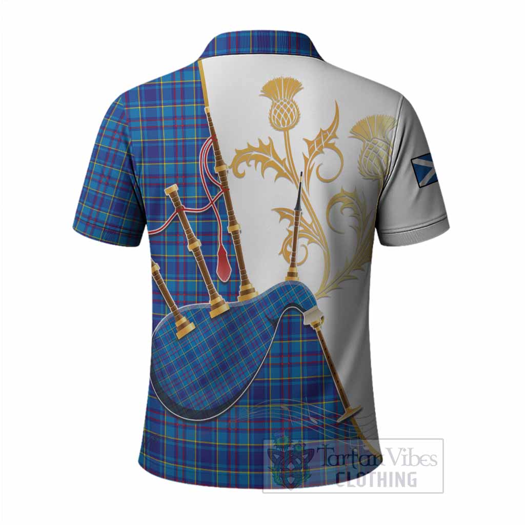 Mercer Tartan Family Crest Polo Shirt Bagpipes with Scottish Thistle