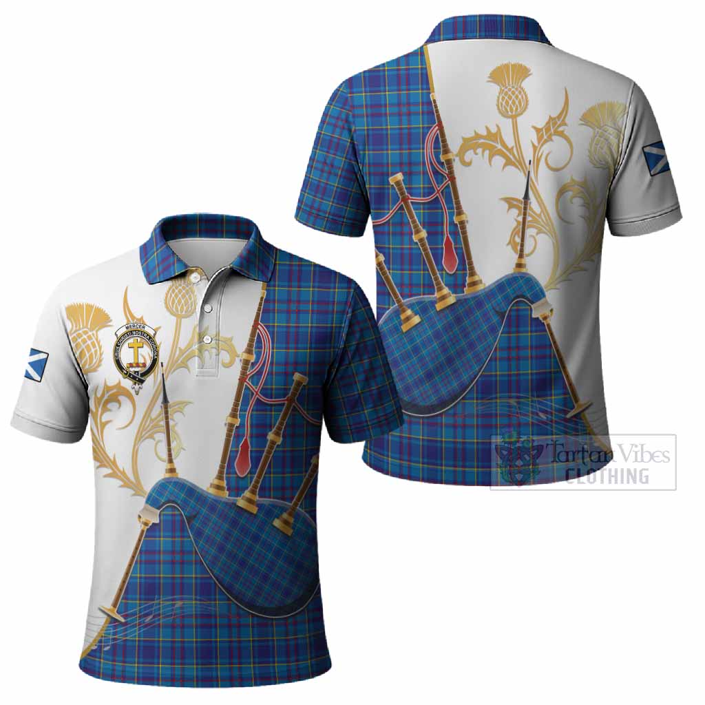Mercer Tartan Family Crest Polo Shirt Bagpipes with Scottish Thistle