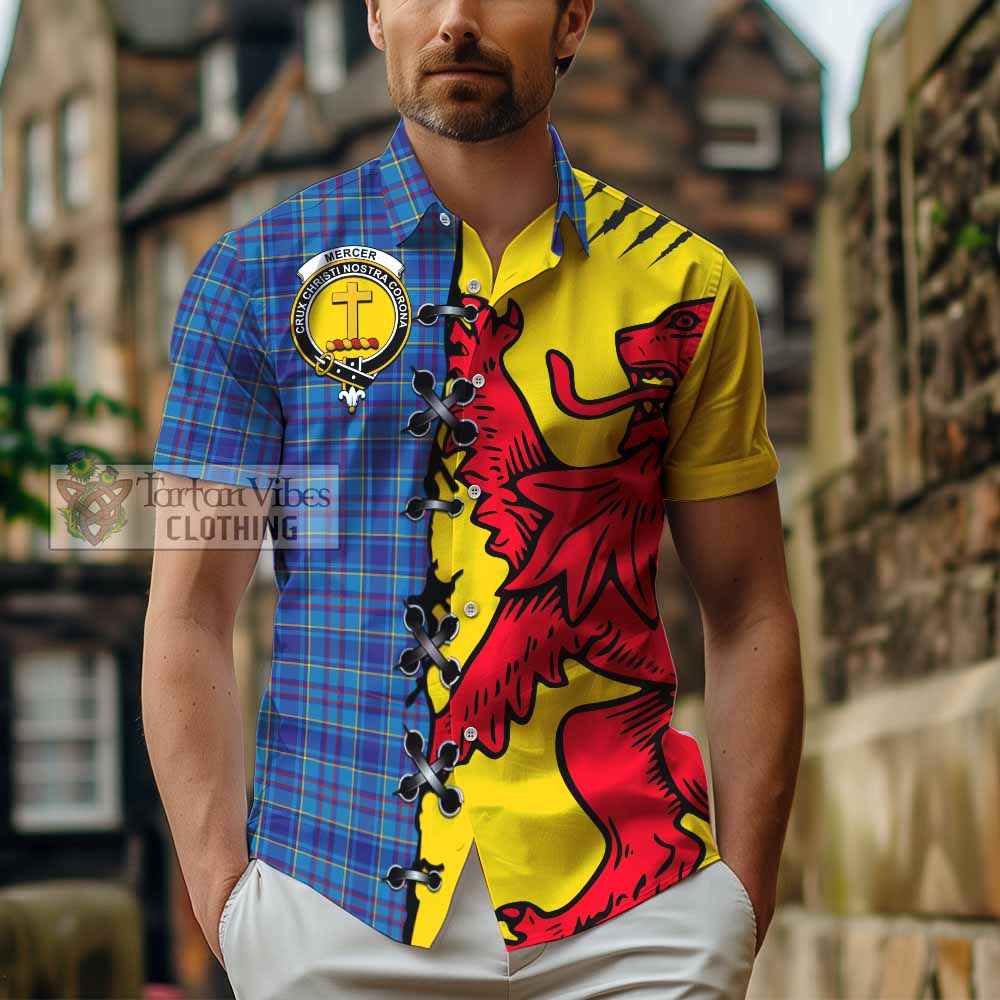 Mercer Tartan Family Crest Short Sleeve Button Shirt Lion Rampant Honor - Tartan Vibes Clothing