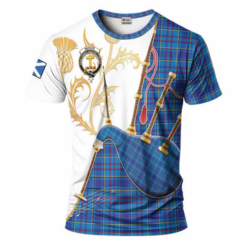 Mercer Tartan Family Crest T-Shirt Bagpipes with Scottish Thistle