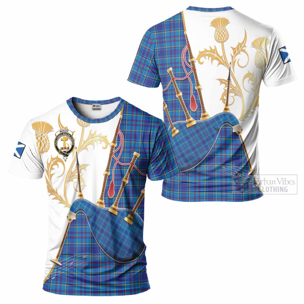 Mercer Tartan Family Crest T-Shirt Bagpipes with Scottish Thistle