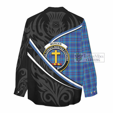 Mercer Tartan Family Crest Women Casual Shirt Celtic Scottish Thistle Floral