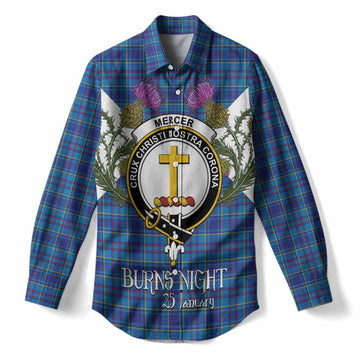 Mercer Tartan Family Crest Women Casual Shirt Scottish Burns Night Thistle Floral