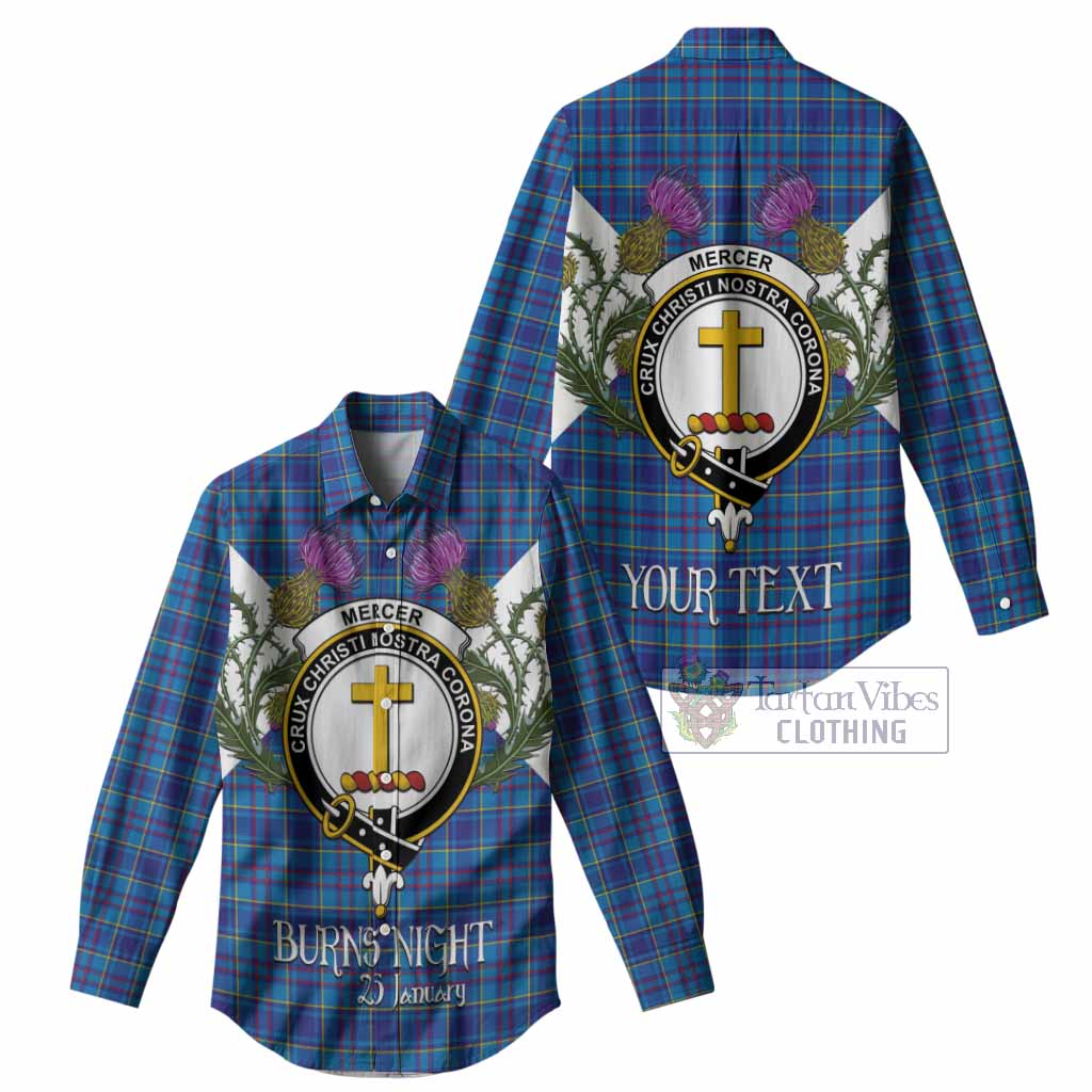 Mercer Tartan Family Crest Women Casual Shirt Scottish Burns Night Thistle Floral