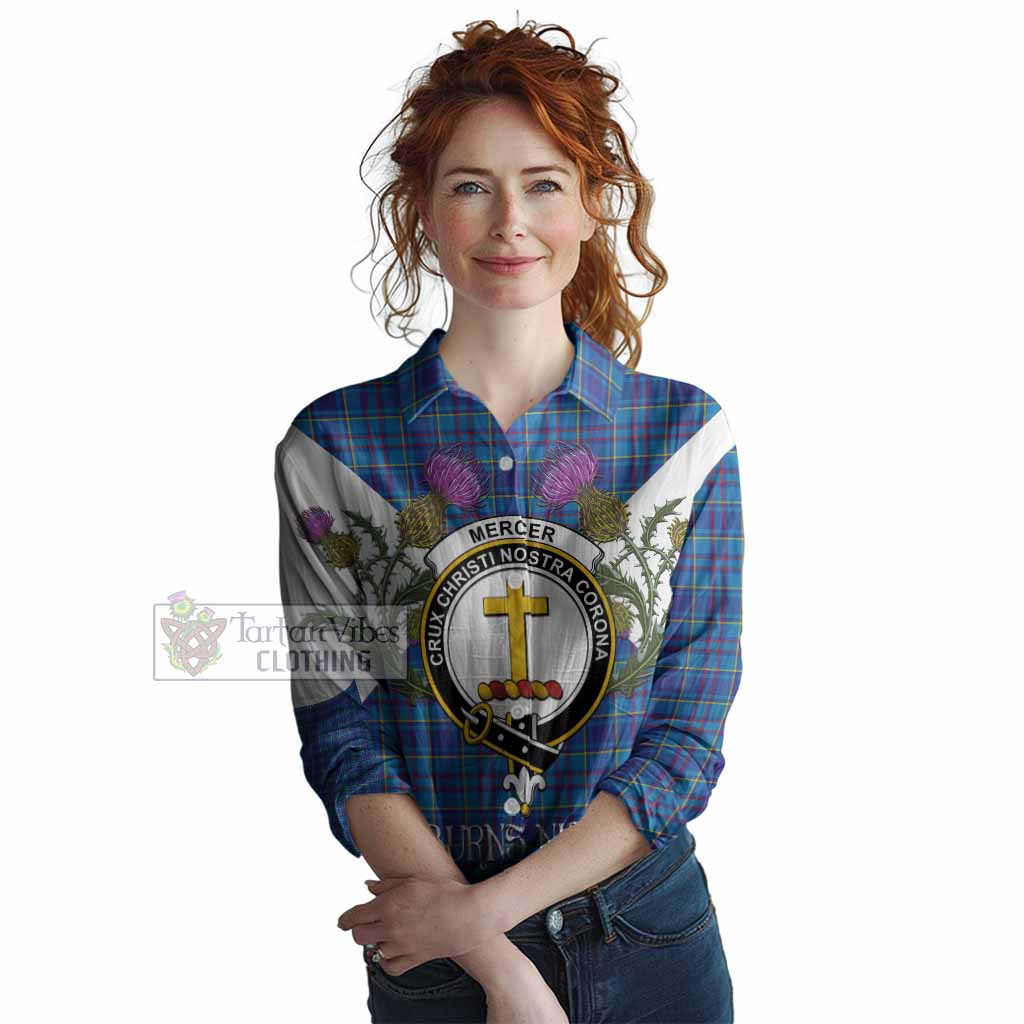 Mercer Tartan Family Crest Women Casual Shirt Scottish Burns Night Thistle Floral