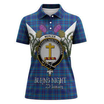 Mercer Tartan Family Crest Women Polo Shirt Scottish Burns Night Thistle Floral