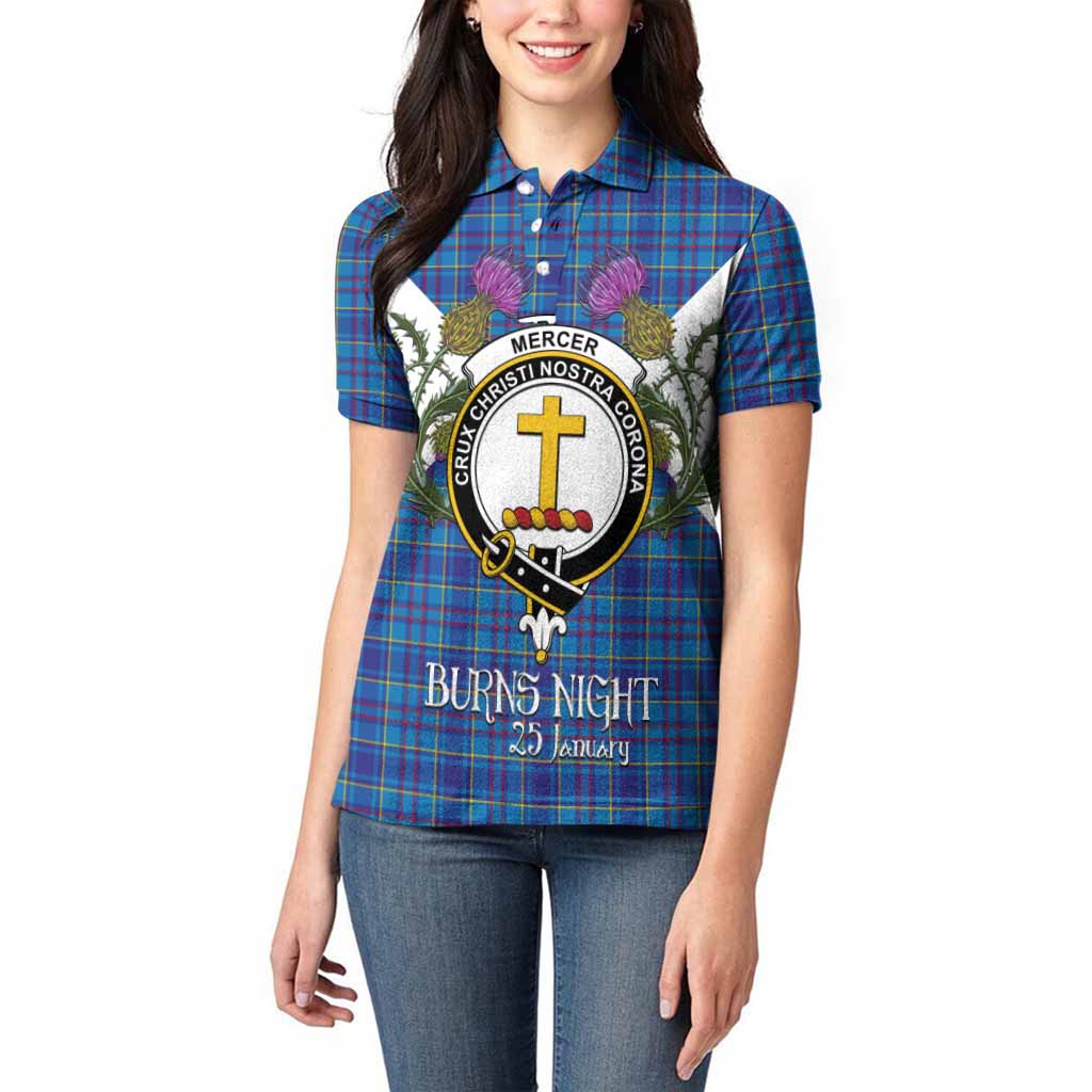 Mercer Tartan Family Crest Women Polo Shirt Scottish Burns Night Thistle Floral