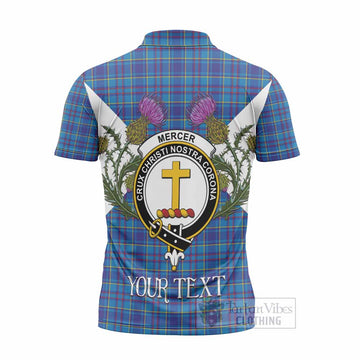 Mercer Tartan Family Crest Zipper Polo Shirt Scottish Burns Night Thistle Floral